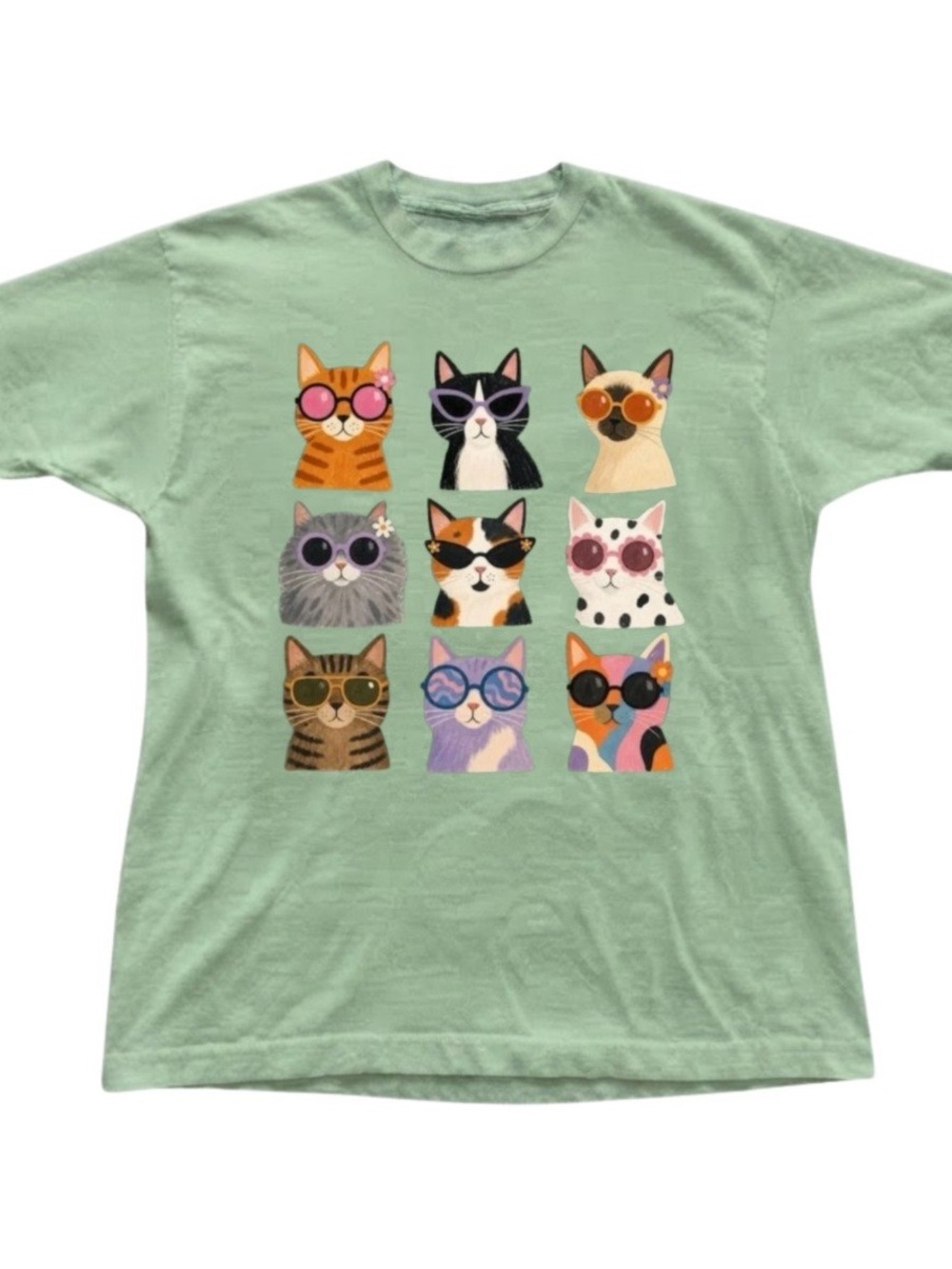 Cute Cats with Sunglasses Meme Graphic Print Green Cotton Gildan T-Shirt